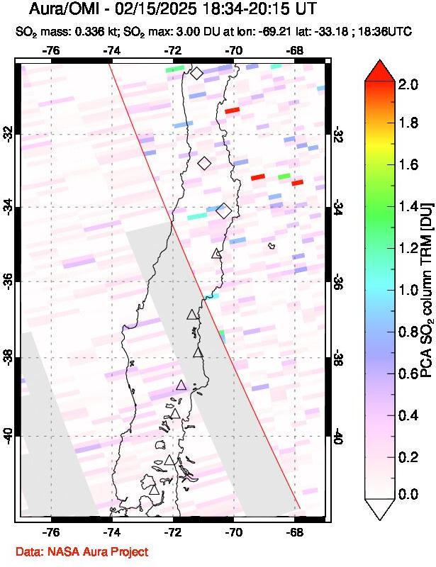 A sulfur dioxide image over Central Chile on Feb 15, 2025.