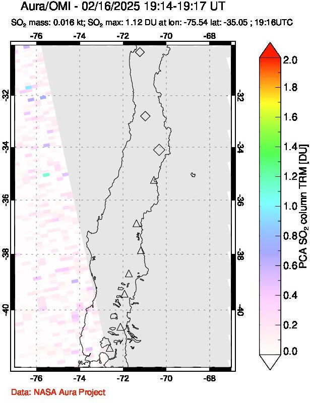 A sulfur dioxide image over Central Chile on Feb 16, 2025.