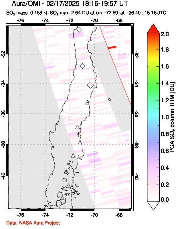 A sulfur dioxide image over Central Chile on Feb 17, 2025.