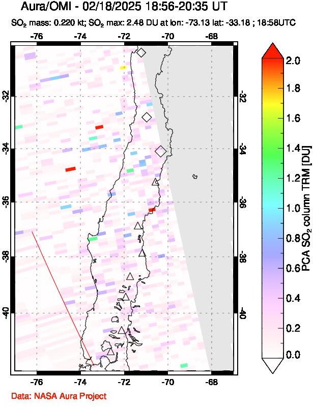 A sulfur dioxide image over Central Chile on Feb 18, 2025.