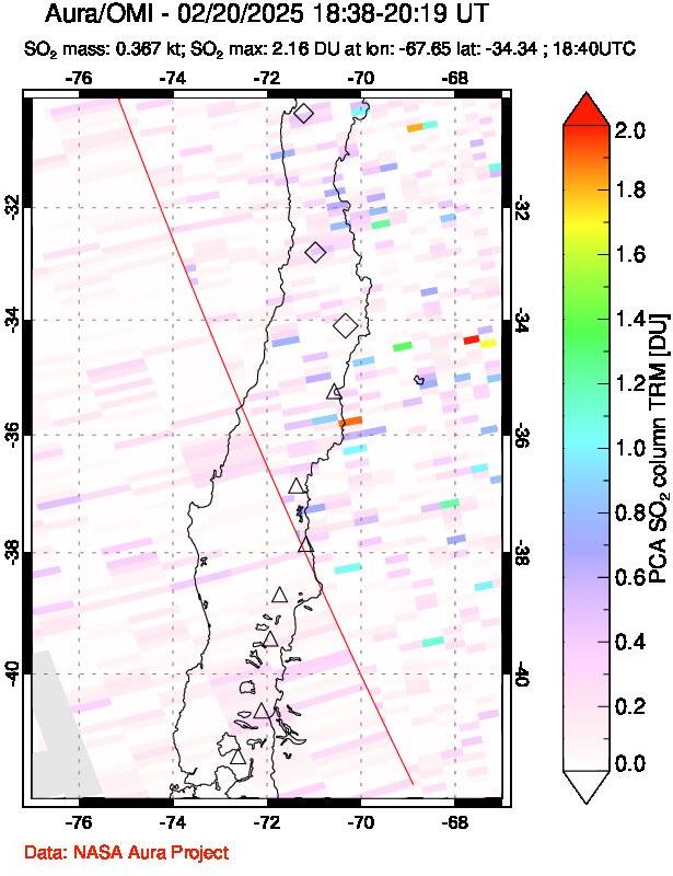 A sulfur dioxide image over Central Chile on Feb 20, 2025.