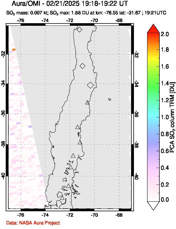 A sulfur dioxide image over Central Chile on Feb 21, 2025.