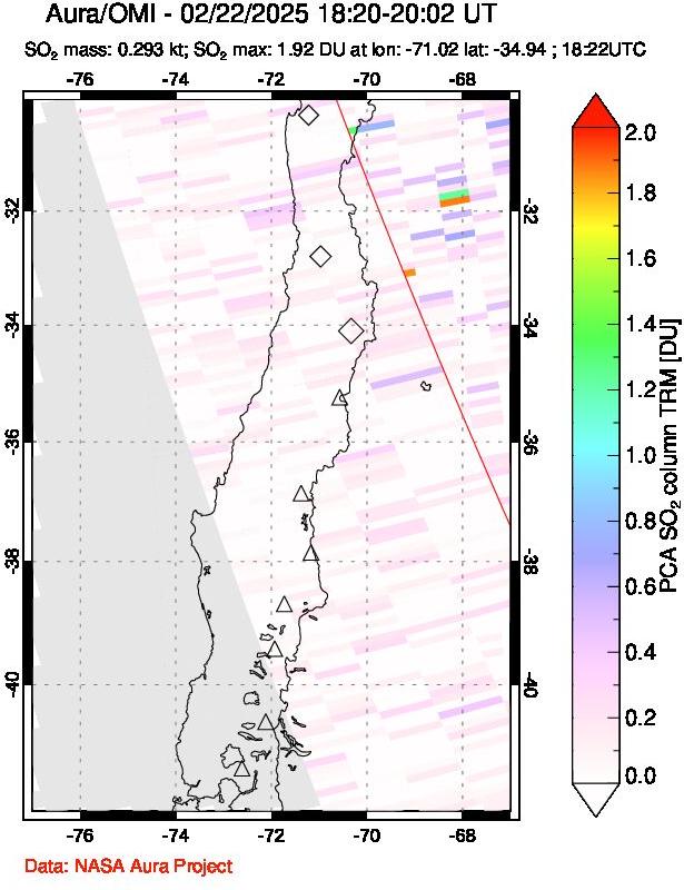 A sulfur dioxide image over Central Chile on Feb 22, 2025.