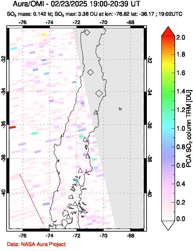 A sulfur dioxide image over Central Chile on Feb 23, 2025.