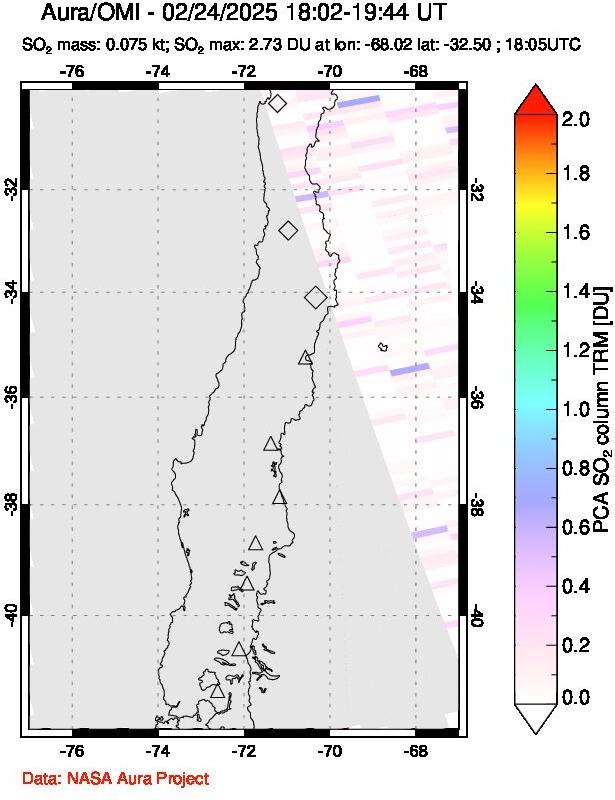 A sulfur dioxide image over Central Chile on Feb 24, 2025.