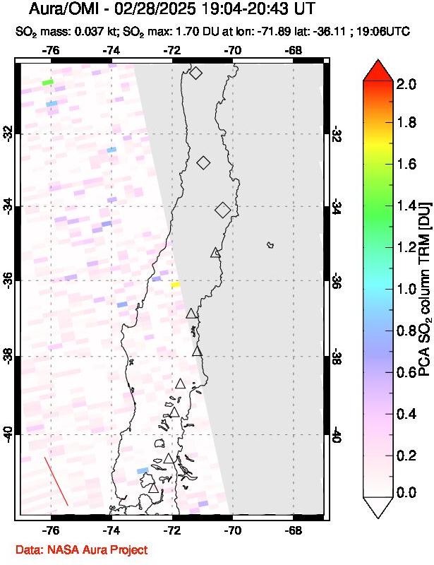 A sulfur dioxide image over Central Chile on Feb 28, 2025.