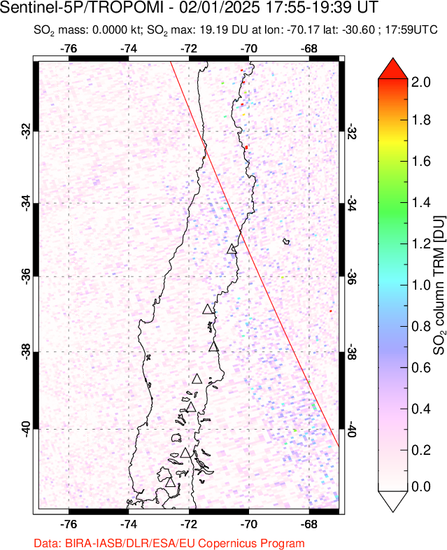 A sulfur dioxide image over Central Chile on Feb 01, 2025.