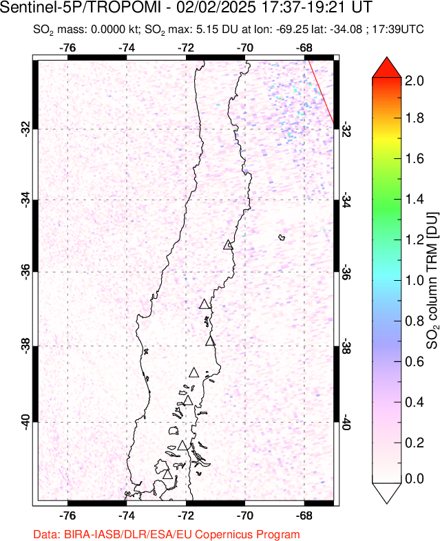 A sulfur dioxide image over Central Chile on Feb 02, 2025.