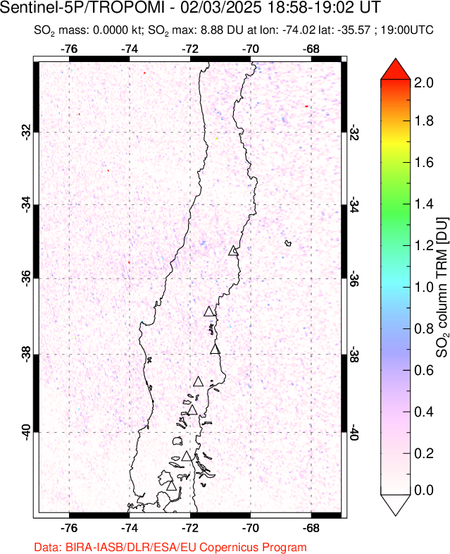 A sulfur dioxide image over Central Chile on Feb 03, 2025.