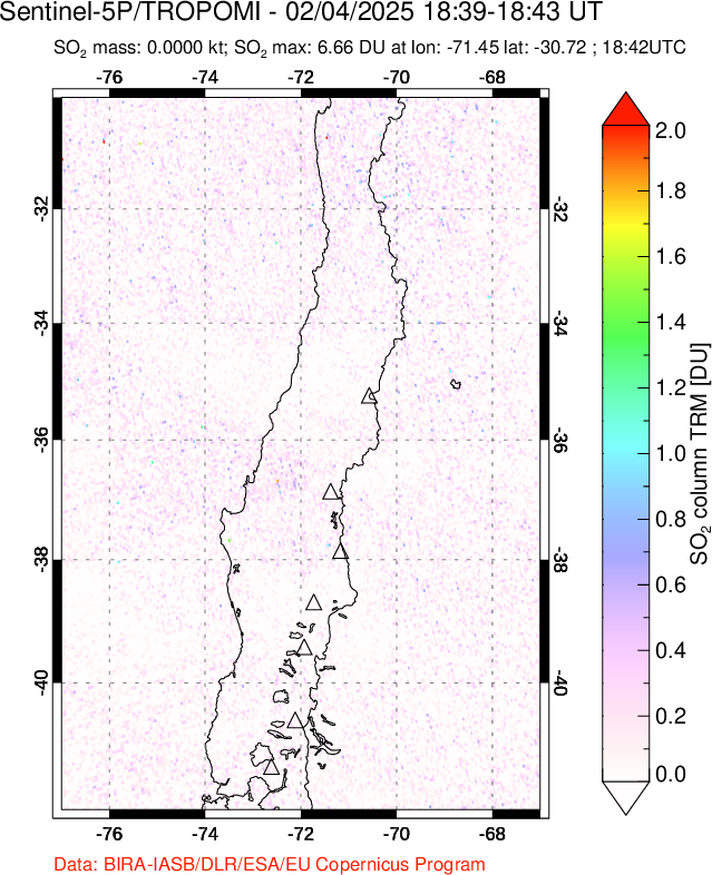 A sulfur dioxide image over Central Chile on Feb 04, 2025.