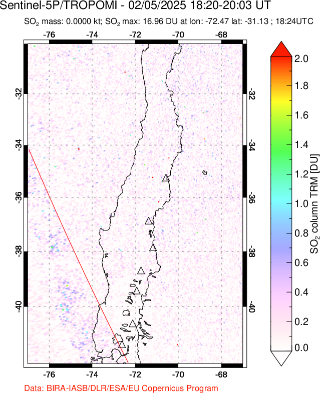 A sulfur dioxide image over Central Chile on Feb 05, 2025.