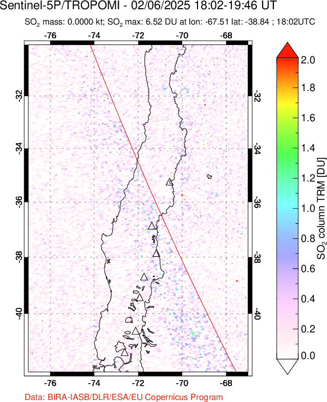 A sulfur dioxide image over Central Chile on Feb 06, 2025.