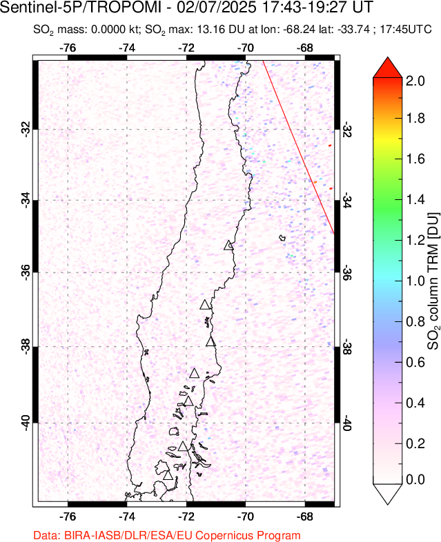 A sulfur dioxide image over Central Chile on Feb 07, 2025.