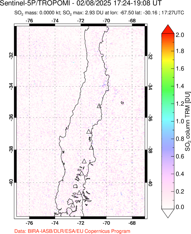 A sulfur dioxide image over Central Chile on Feb 08, 2025.