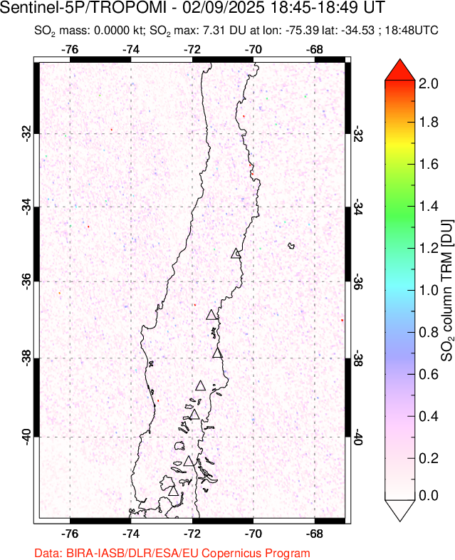 A sulfur dioxide image over Central Chile on Feb 09, 2025.