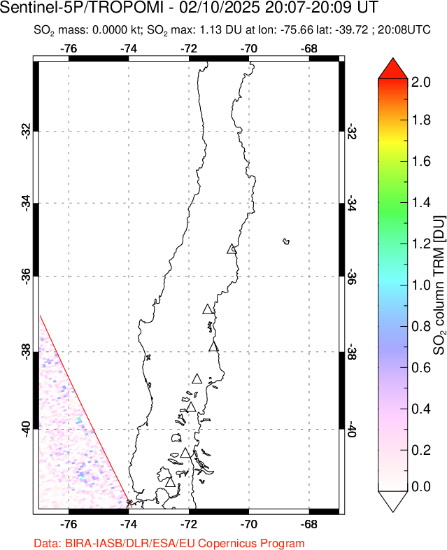 A sulfur dioxide image over Central Chile on Feb 10, 2025.