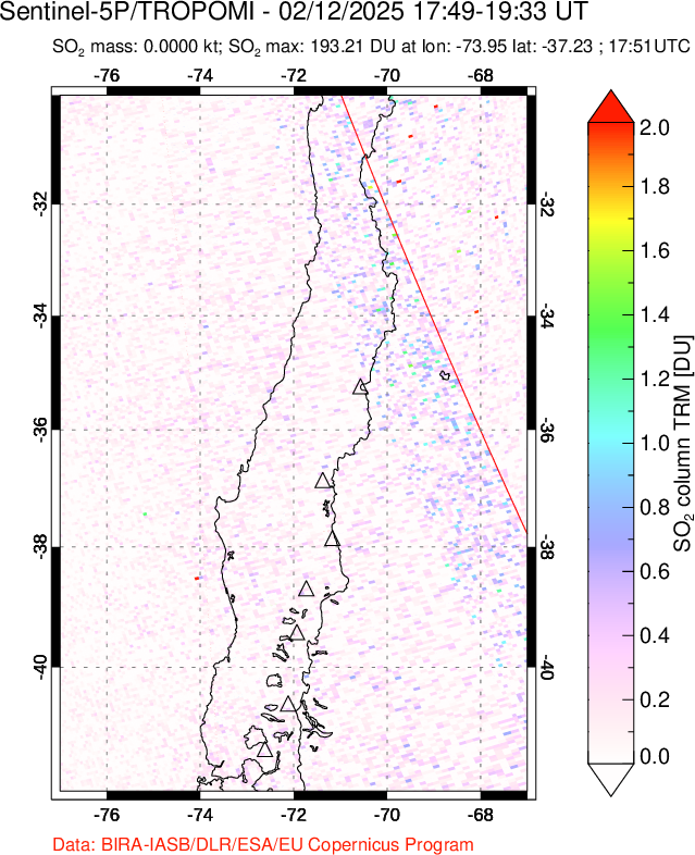 A sulfur dioxide image over Central Chile on Feb 12, 2025.