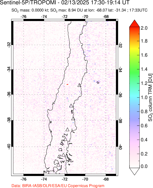 A sulfur dioxide image over Central Chile on Feb 13, 2025.