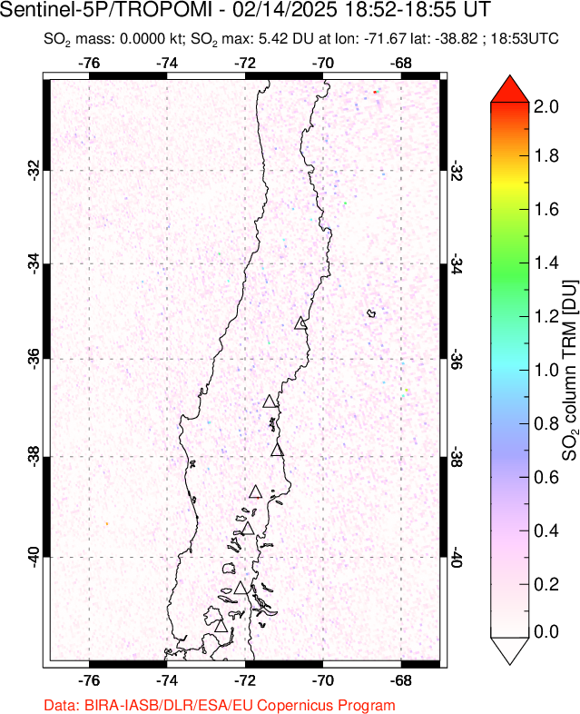 A sulfur dioxide image over Central Chile on Feb 14, 2025.