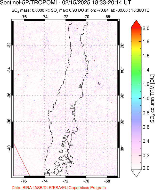 A sulfur dioxide image over Central Chile on Feb 15, 2025.