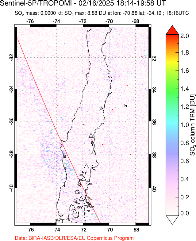 A sulfur dioxide image over Central Chile on Feb 16, 2025.