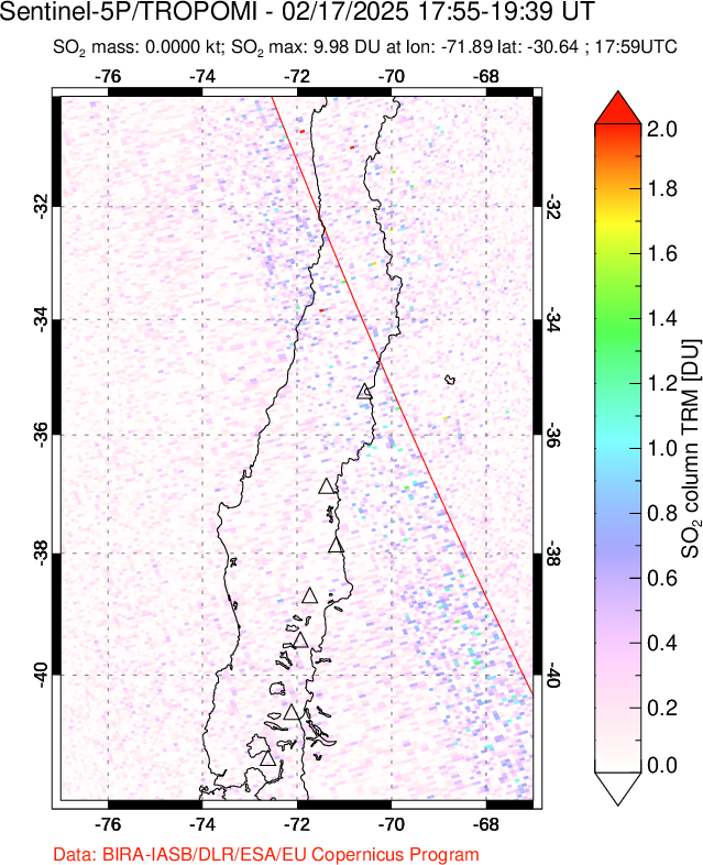 A sulfur dioxide image over Central Chile on Feb 17, 2025.