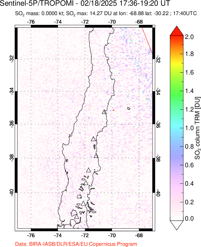 A sulfur dioxide image over Central Chile on Feb 18, 2025.