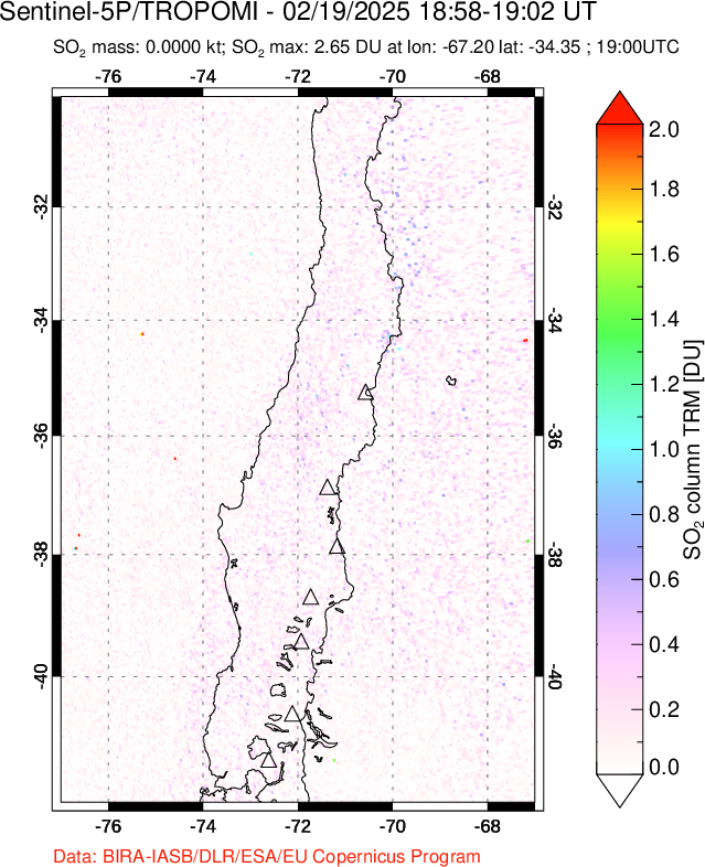 A sulfur dioxide image over Central Chile on Feb 19, 2025.