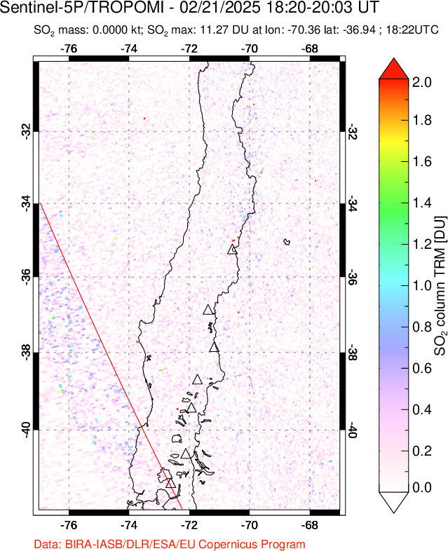 A sulfur dioxide image over Central Chile on Feb 21, 2025.