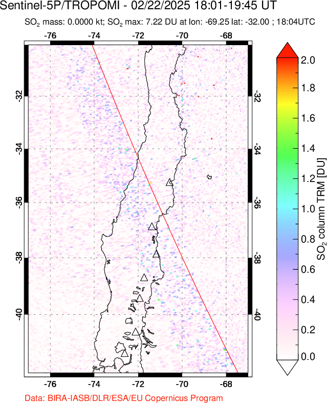 A sulfur dioxide image over Central Chile on Feb 22, 2025.