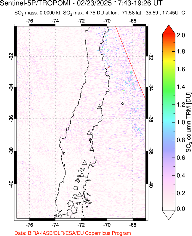 A sulfur dioxide image over Central Chile on Feb 23, 2025.