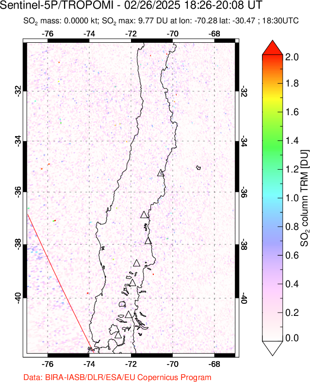 A sulfur dioxide image over Central Chile on Feb 26, 2025.