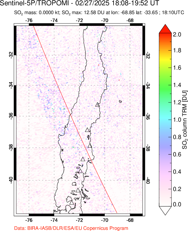 A sulfur dioxide image over Central Chile on Feb 27, 2025.