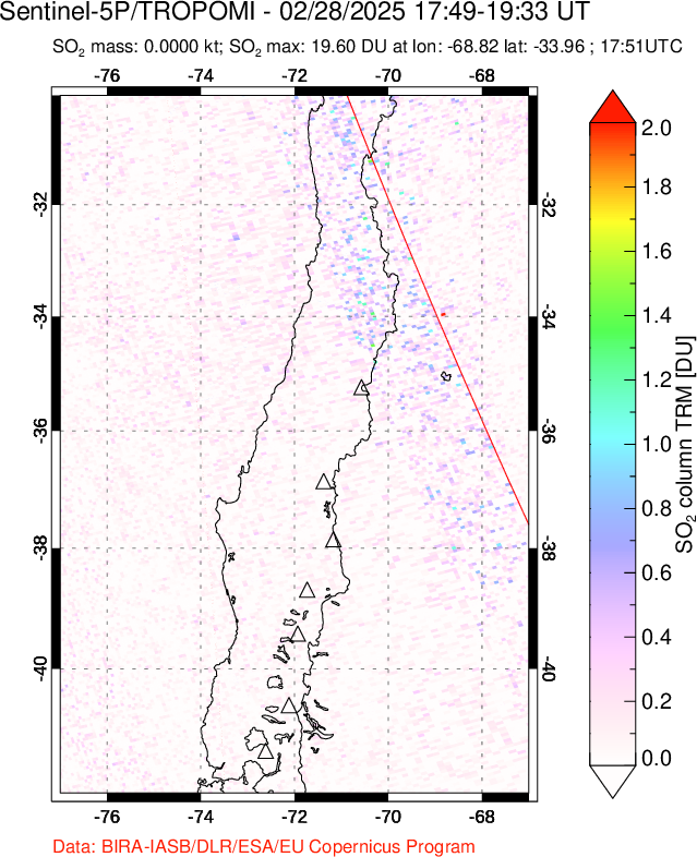 A sulfur dioxide image over Central Chile on Feb 28, 2025.