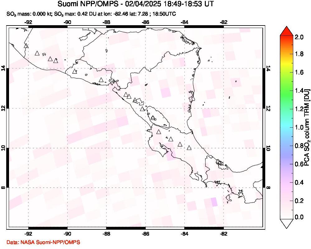 A sulfur dioxide image over Central America on Feb 04, 2025.