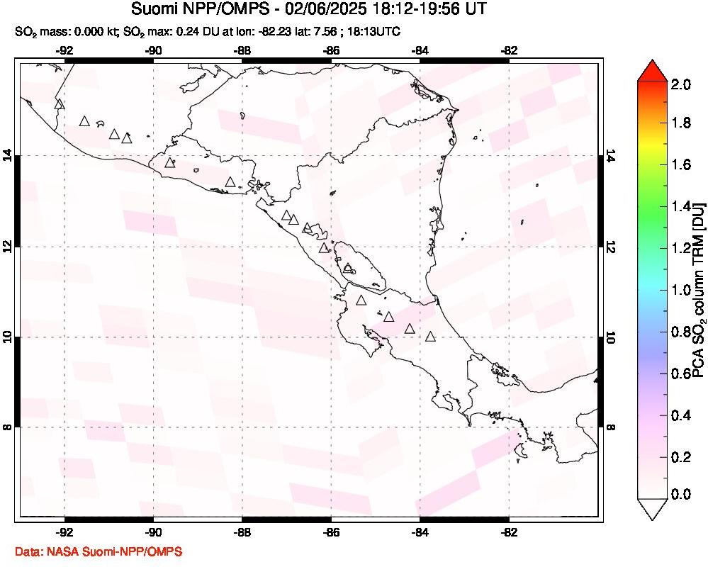 A sulfur dioxide image over Central America on Feb 06, 2025.