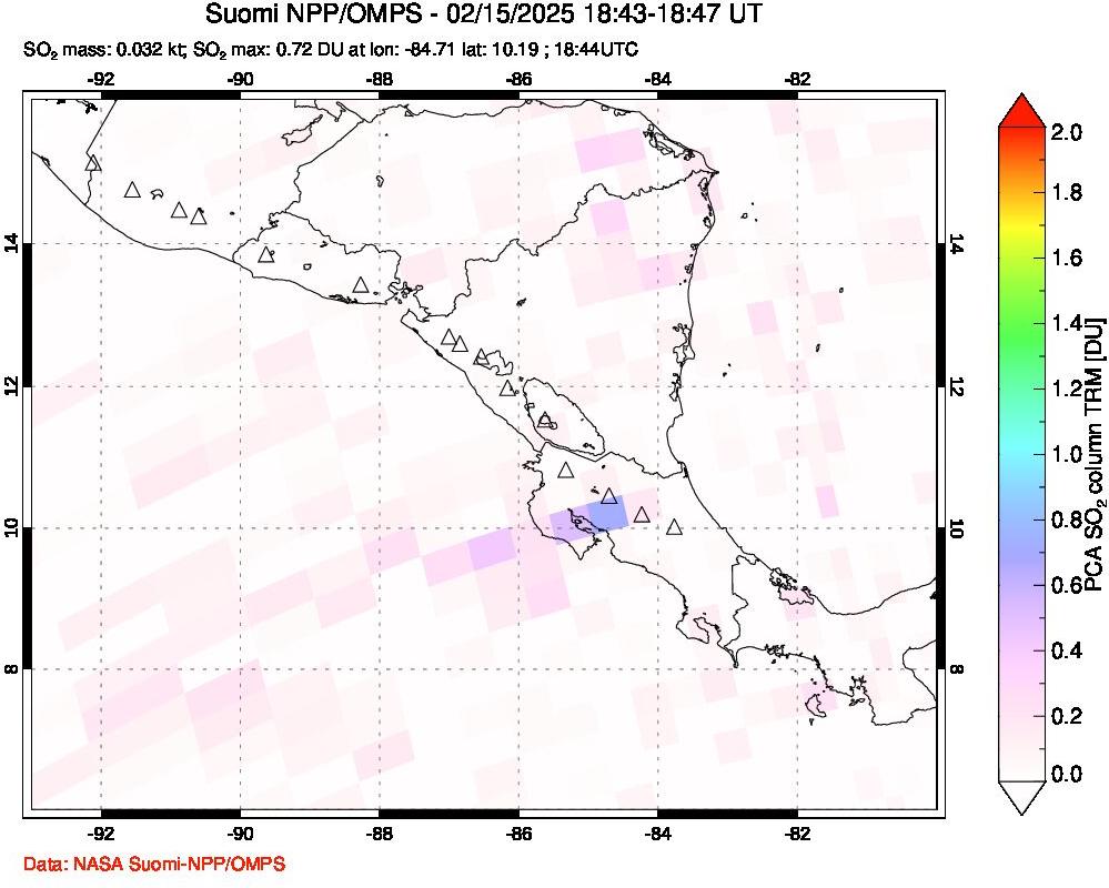 A sulfur dioxide image over Central America on Feb 15, 2025.