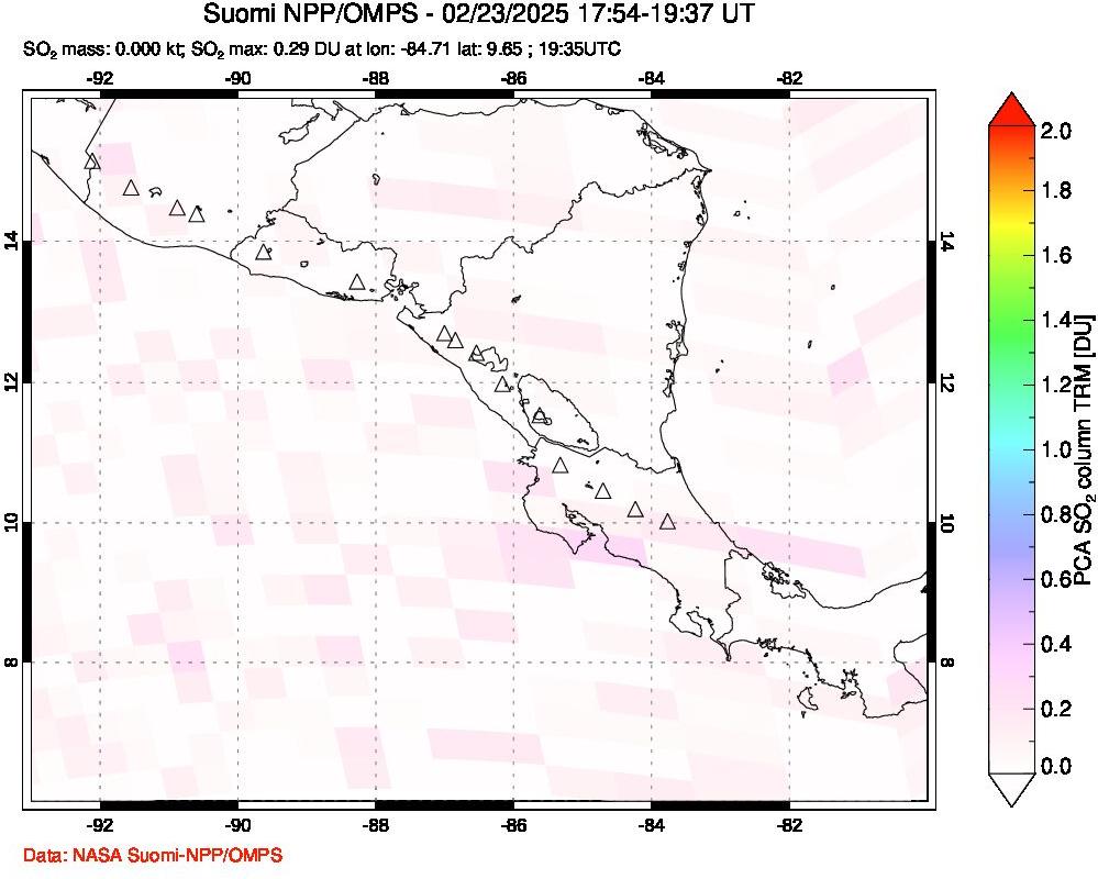 A sulfur dioxide image over Central America on Feb 23, 2025.