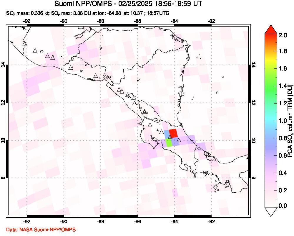 A sulfur dioxide image over Central America on Feb 25, 2025.