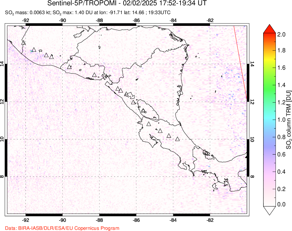 A sulfur dioxide image over Central America on Feb 02, 2025.