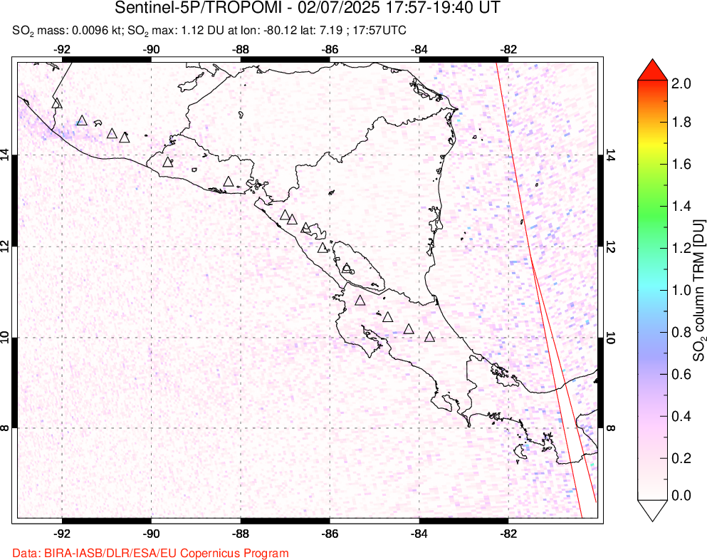 A sulfur dioxide image over Central America on Feb 07, 2025.