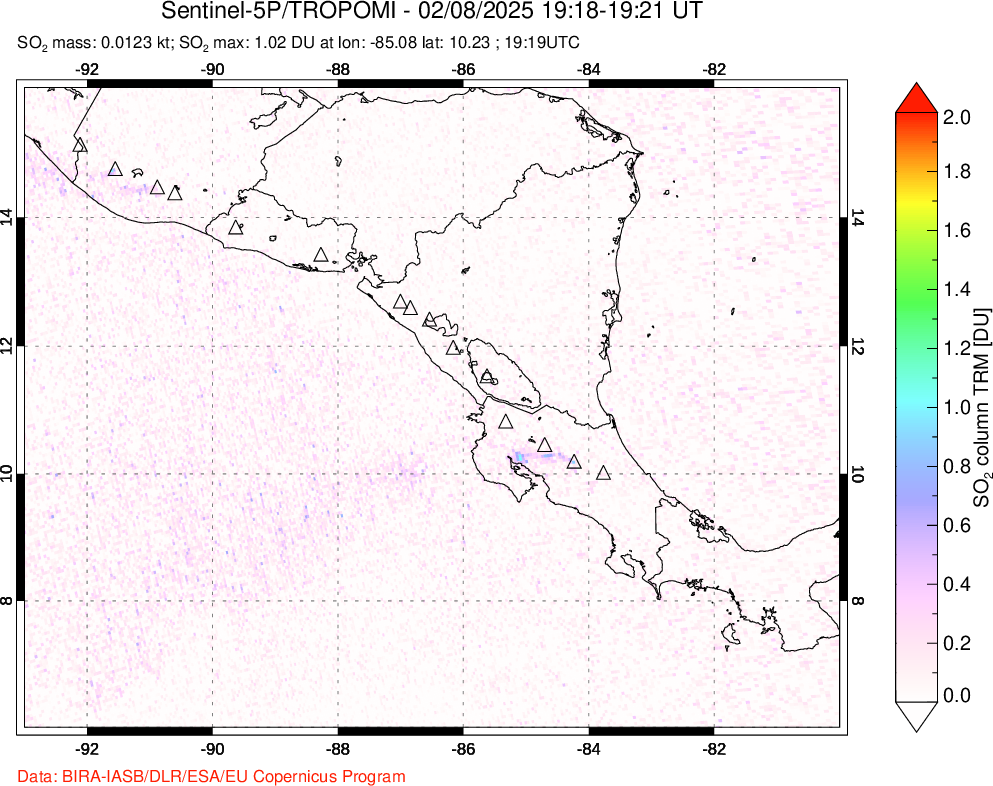 A sulfur dioxide image over Central America on Feb 08, 2025.