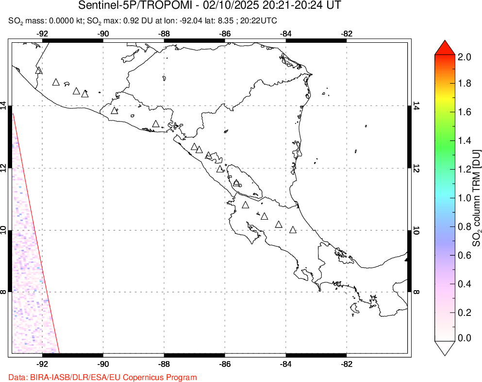 A sulfur dioxide image over Central America on Feb 10, 2025.