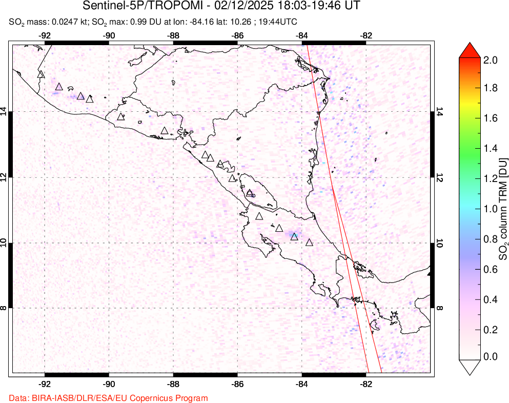 A sulfur dioxide image over Central America on Feb 12, 2025.