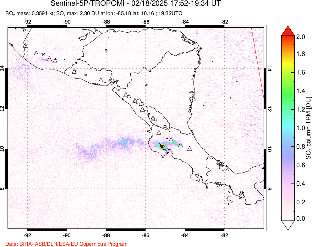 A sulfur dioxide image over Central America on Feb 18, 2025.