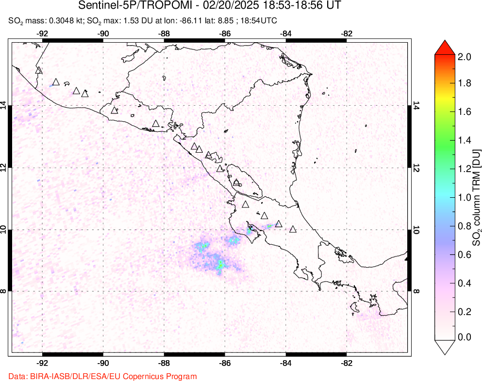 A sulfur dioxide image over Central America on Feb 20, 2025.