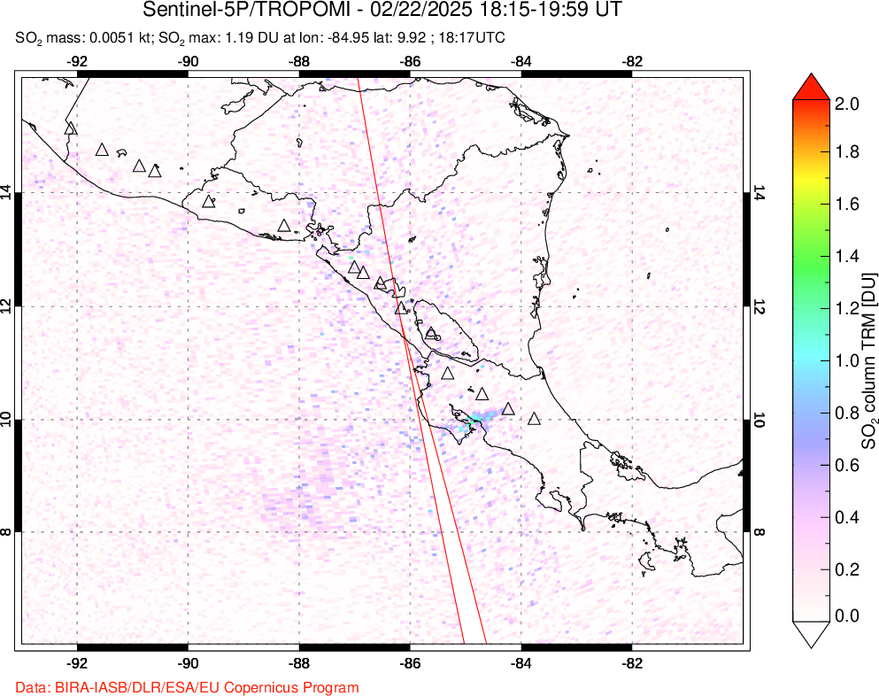 A sulfur dioxide image over Central America on Feb 22, 2025.