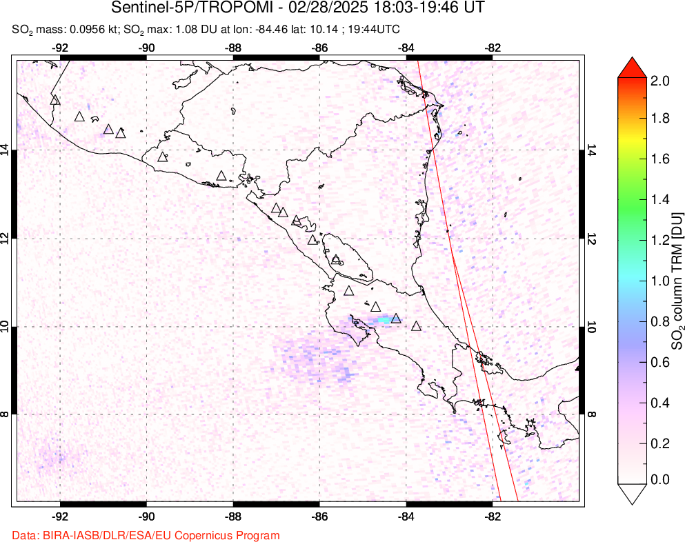 A sulfur dioxide image over Central America on Feb 28, 2025.