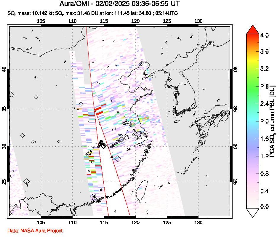 A sulfur dioxide image over Eastern China on Feb 02, 2025.