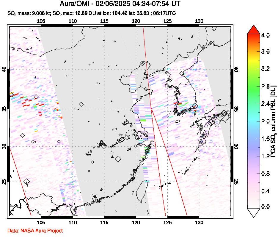 A sulfur dioxide image over Eastern China on Feb 06, 2025.